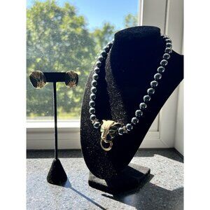 Vintage KJL Avon Grey Beaded Enamel Panther Necklace & Earrings Set PERFECT